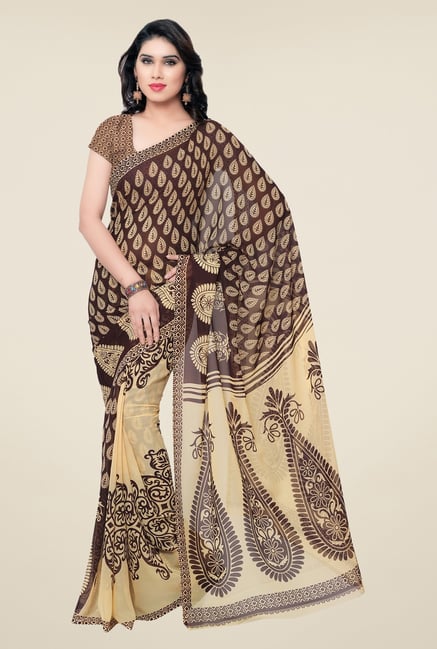 Triveni Brown & Beige Paisley Faux Georgette Saree Triveni Brown & Beige Paisley Faux Georgette Saree