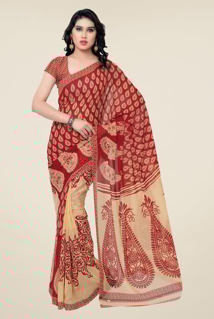 Triveni Red & Beige Paisley Faux Georgette Saree Triveni Red & Beige Paisley Faux Georgette Saree