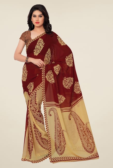 Triveni Maroon & Beige Paisley Faux Georgette Saree Triveni Maroon & Beige Paisley Faux Georgette Saree