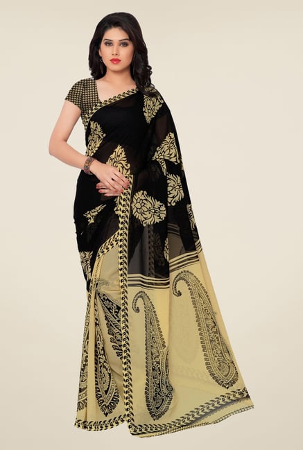 Triveni Black & Beige Paisley Faux Georgette Saree Triveni Black & Beige Paisley Faux Georgette Saree