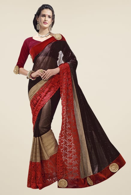 Triveni Brown Embroidered Lycra Saree Triveni Brown Embroidered Lycra Saree