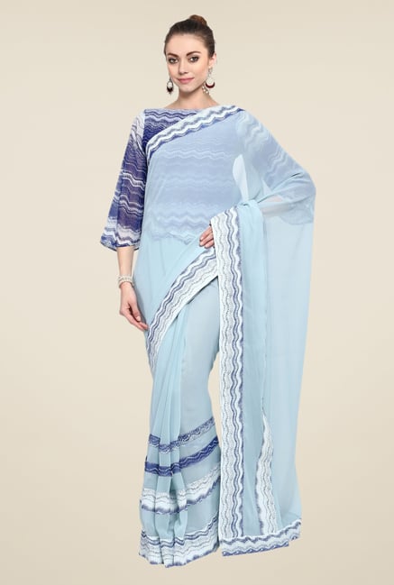 Triveni Sky Blue Printed Faux Georgette Free Size Saree Triveni Sky Blue Printed Faux Georgette Free Size Saree