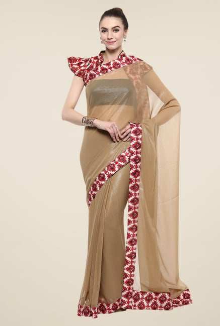 Triveni Beige Solid Georgette Shimmer Free Size Saree Triveni Beige Solid Georgette Shimmer Free Size Saree