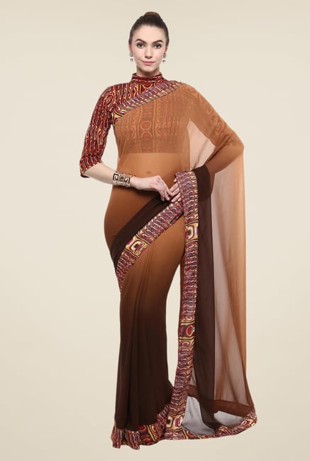 Triveni Brown Solid Faux Georgette Free Size Saree Triveni Brown Solid Faux Georgette Free Size Saree