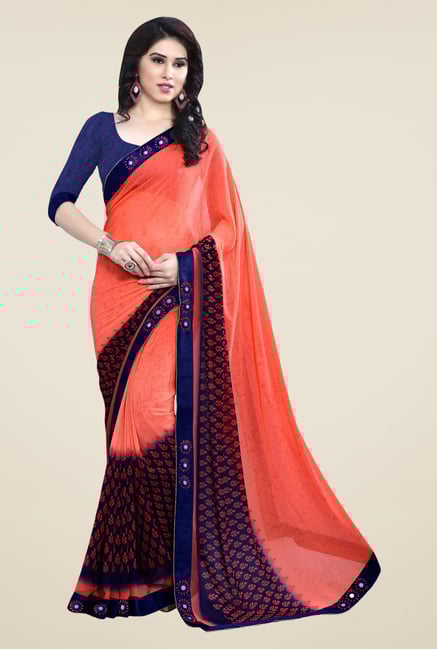 Triveni Orange Printed Free Size Saree Triveni Orange Printed Free Size Saree