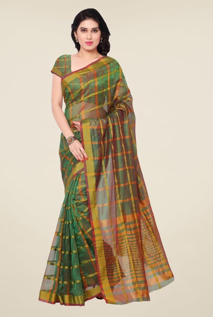 Triveni Green Checks Art Silk Saree Triveni Green Checks Art Silk Saree