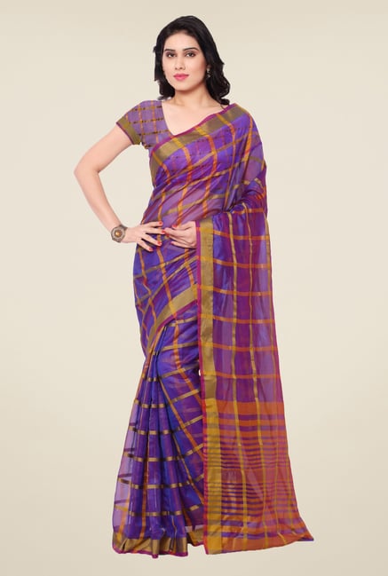 Triveni Purple Checks Art Silk Saree Triveni Purple Checks Art Silk Saree