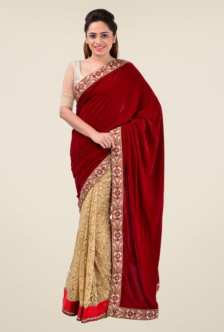 Triveni Beige Floral Velvet Brasso Saree Triveni Beige Floral Velvet Brasso Saree