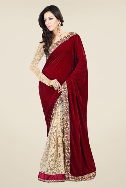 Triveni Beige Floral Velvet Brasso Saree Triveni Beige Floral Velvet Brasso Saree