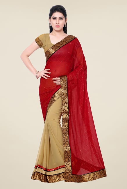 Triveni Beige & Red Solid Faux Georgette Saree Triveni Beige & Red Solid Faux Georgette Saree