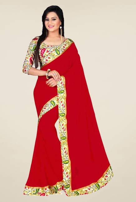 Triveni Red Solid Faux Georgette Saree Triveni Red Solid Faux Georgette Saree