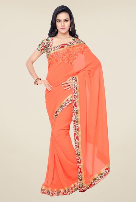 Triveni Peach Solid Faux Georgette Saree Triveni Peach Solid Faux Georgette Saree