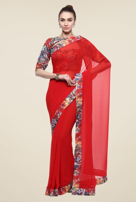 Triveni Red Solid Faux Georgette Saree Triveni Red Solid Faux Georgette Saree