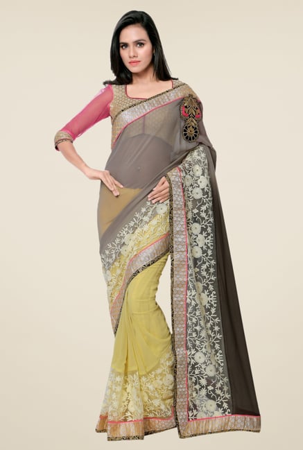 Triveni Yellow Embroidered Faux Georgette Free Size Saree Triveni Yellow Embroidered Faux Georgette Free Size Saree