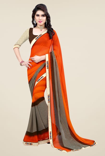 Triveni Orange Faux Georgette Free Size Saree Triveni Orange Faux Georgette Free Size Saree