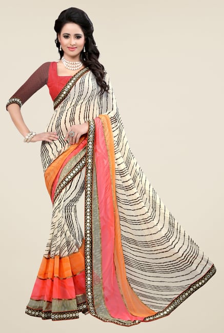 Triveni Cream Printed Faux Georgette Free Size Saree Triveni Cream Printed Faux Georgette Free Size Saree