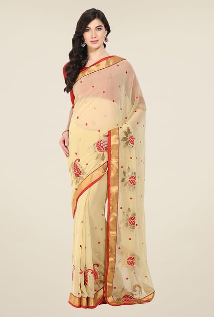 Triveni Beige Embroidered Chiffon Saree Triveni Beige Embroidered Chiffon Saree