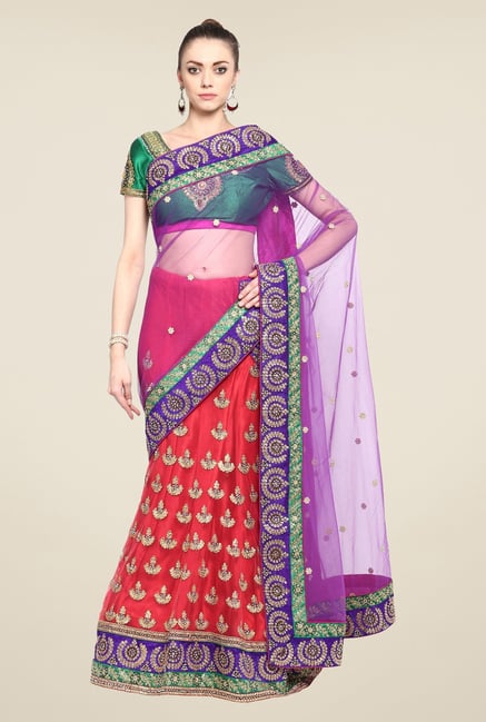 Triveni Multicolor Embroidered Satin Lehenga Saree Triveni Multicolor Embroidered Satin Lehenga Saree