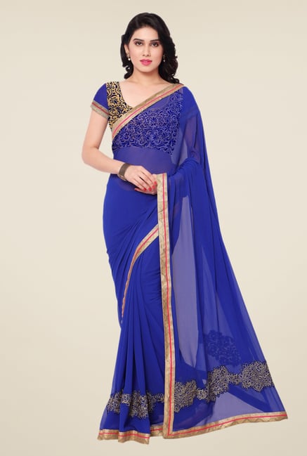 Triveni Blue Solid Faux Georgette Free Size Saree Triveni Blue Solid Faux Georgette Free Size Saree