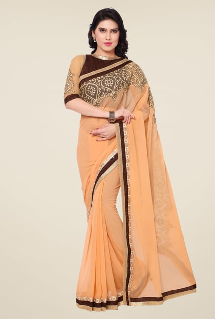 Triveni Peach Solid Faux Georgette Saree Triveni Peach Solid Faux Georgette Saree