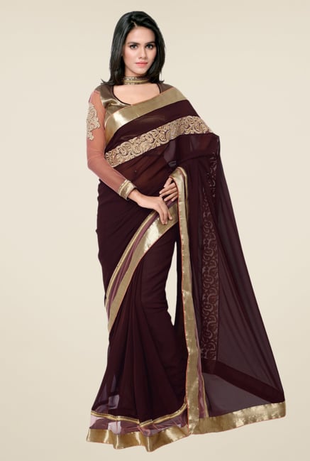 Triveni Brown Solid Faux Georgette Saree Triveni Brown Solid Faux Georgette Saree