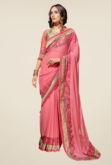 Triveni Pink Embroidered Net Georgette Saree Triveni Pink Embroidered Net Georgette Saree