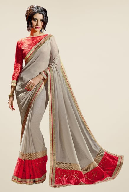 Triveni Beige Solid Georgette Shimmer Saree Triveni Beige Solid Georgette Shimmer Saree