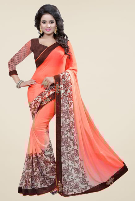Triveni Peach Printed Faux Georgette Dry Clean Saree Triveni Peach Printed Faux Georgette Dry Clean Saree