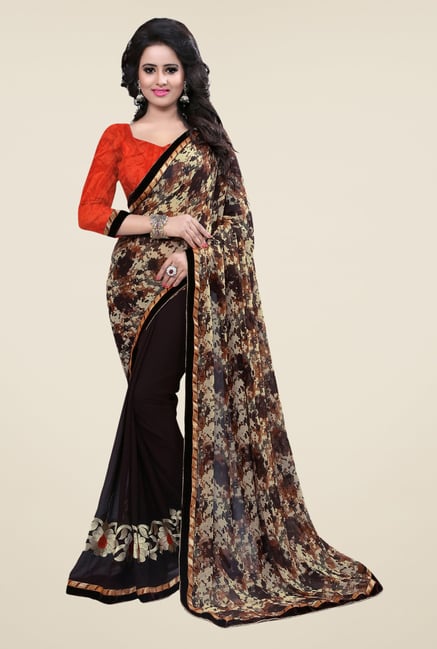 Triveni Brown Printed Dry Clean Saree Triveni Brown Printed Dry Clean Saree