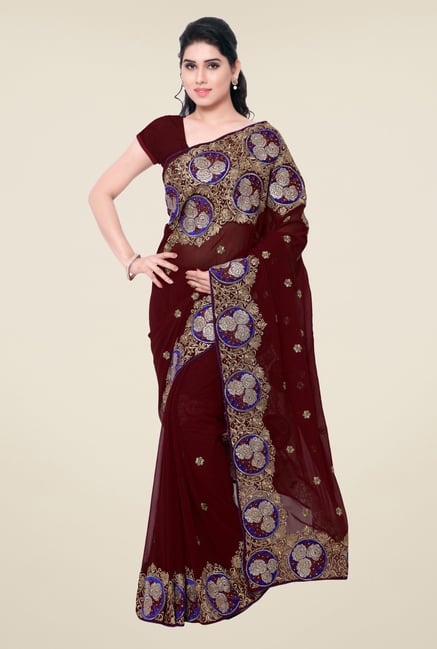 Triveni Maroon Embroidered Faux Georgette Saree Triveni Maroon Embroidered Faux Georgette Saree