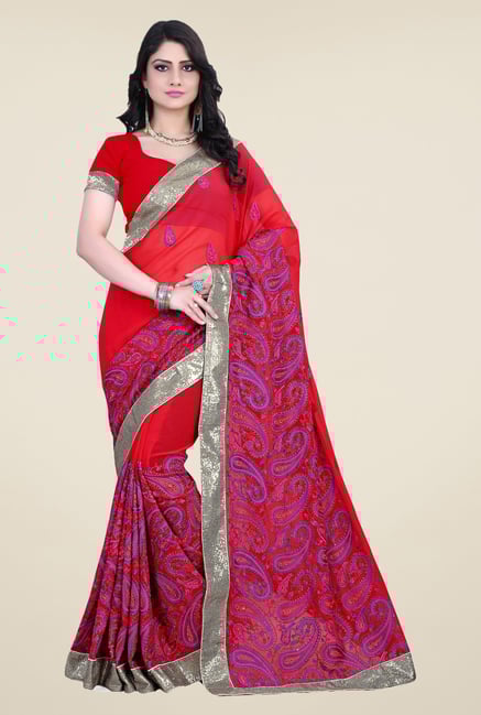 Triveni Red Embroidered Faux Georgette Saree Triveni Red Embroidered Faux Georgette Saree