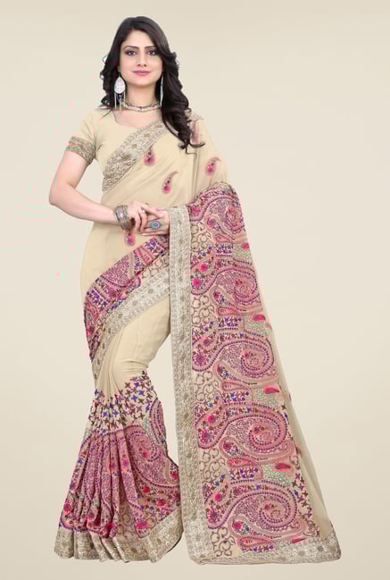 Triveni Beige Embroidered Faux Georgette Saree Triveni Beige Embroidered Faux Georgette Saree