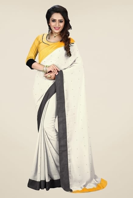 Triveni Off White Solid Faux Georgette Saree Triveni Off White Solid Faux Georgette Saree