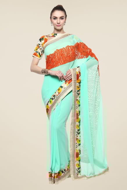 Triveni Turquoise Embroidered Faux Georgette Saree Triveni Turquoise Embroidered Faux Georgette Saree
