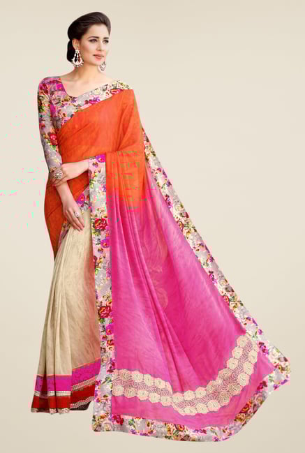 Triveni Beige Solid Georgette Shimmer Saree Triveni Beige Solid Georgette Shimmer Saree