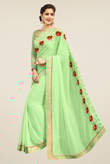 Triveni Green Solid Faux Georgette Saree Triveni Green Solid Faux Georgette Saree