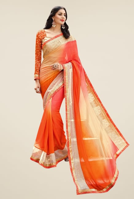 Triveni Orange Solid Georgette Shimmer Saree Triveni Orange Solid Georgette Shimmer Saree