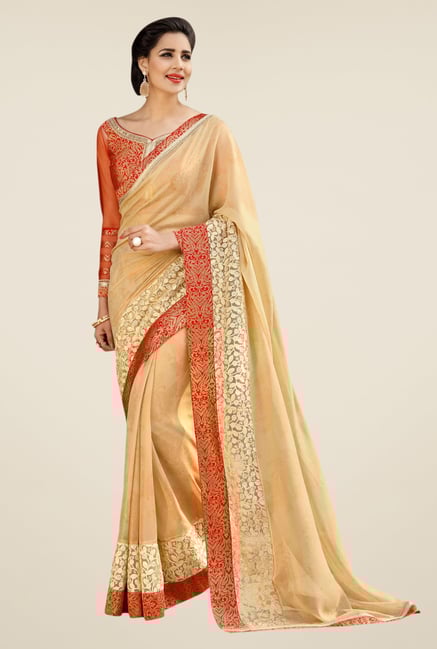 Triveni Beige Solid Net Georgette Saree Triveni Beige Solid Net Georgette Saree
