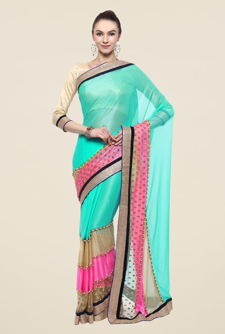 Triveni Turquoise Solid Lycra Saree Triveni Turquoise Solid Lycra Saree