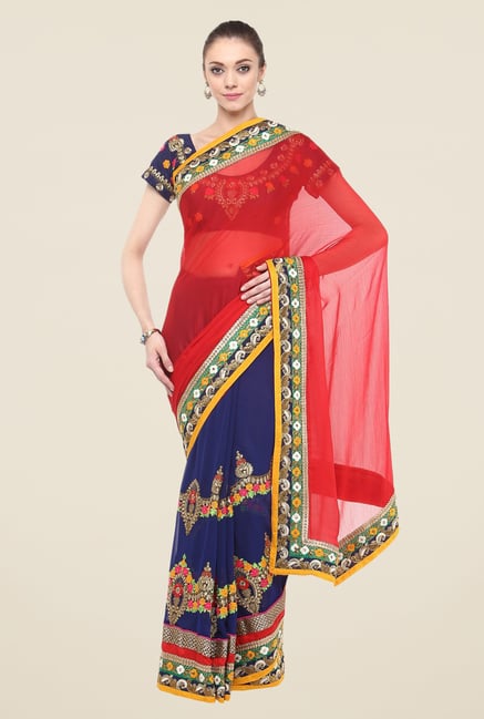 Triveni Navy Embroidered Faux Georgette Free Size Saree Triveni Navy Embroidered Faux Georgette Free Size Saree