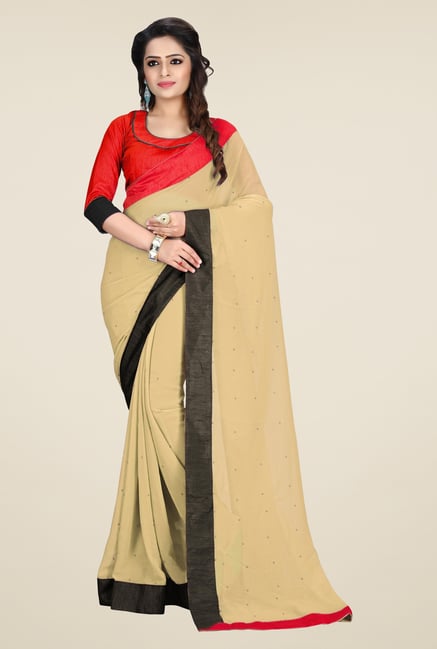 Triveni Beige Solid Faux Georgette Saree Triveni Beige Solid Faux Georgette Saree