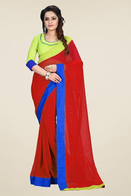 Triveni Red Solid Faux Georgette Saree Triveni Red Solid Faux Georgette Saree