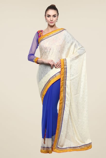 Triveni Blue Printed Georgette Jacquard Free Size Saree Triveni Blue Printed Georgette Jacquard Free Size Saree
