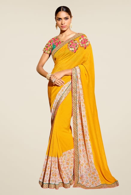 Triveni Yellow Printed Georgette Jacquard Saree Triveni Yellow Printed Georgette Jacquard Saree
