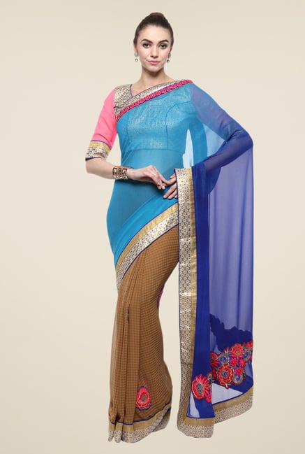 Triveni Beige Printed Faux Georgette Free Size Saree Triveni Beige Printed Faux Georgette Free Size Saree