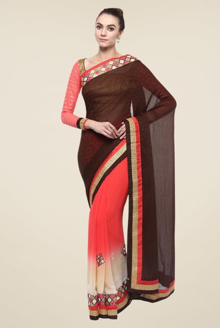 Triveni Coral Solid Georgette Jacquard Saree Triveni Coral Solid Georgette Jacquard Saree
