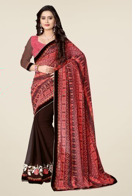 Triveni Brown Embroidered Faux Georgette Saree Triveni Brown Embroidered Faux Georgette Saree