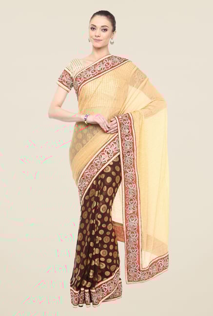 Triveni Brown Printed Lycra Georgette Free Size Saree Triveni Brown Printed Lycra Georgette Free Size Saree
