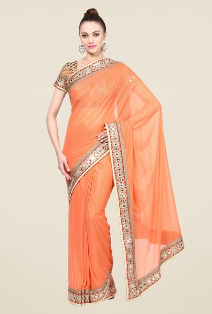 Triveni Orange Solid Lycra Dry Clean Saree Triveni Orange Solid Lycra Dry Clean Saree