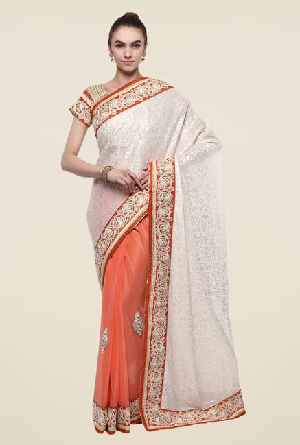 Triveni Orange Printed Georgette Lycra Saree Triveni Orange Printed Georgette Lycra Saree